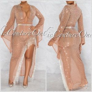 Nude Sheer Rhinestone Fringe Dress